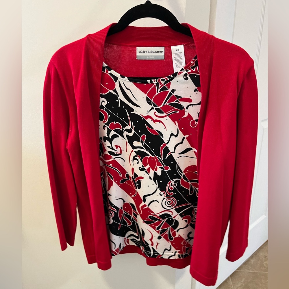 Faux sweater set- in Red; Inset white, black & red. Size PM